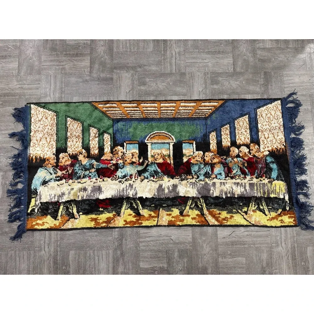VTG Last Supper Jesus Christian Woven Tapestry Wall Hanging Rug Fringe